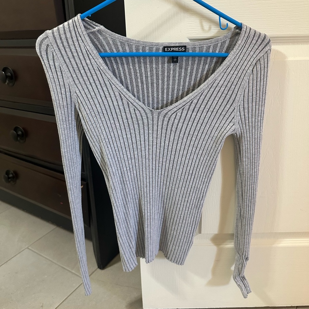 Express Gray Ribbed V-Neck Sweater